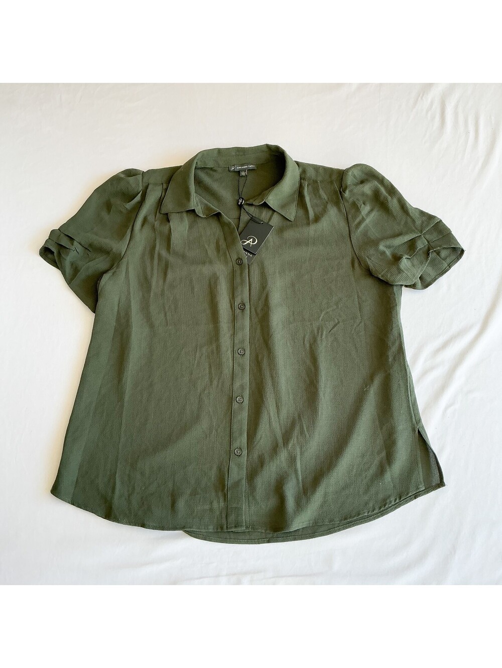 Adrianna Papell Olive Green Short Sleeve Button-Up Blouse Size L